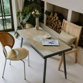 Mesa de comedor tallada en madera de hierro americano, mesa de comedor minimalista retro francesa, mesa de conferencia de oficina rectangular europea