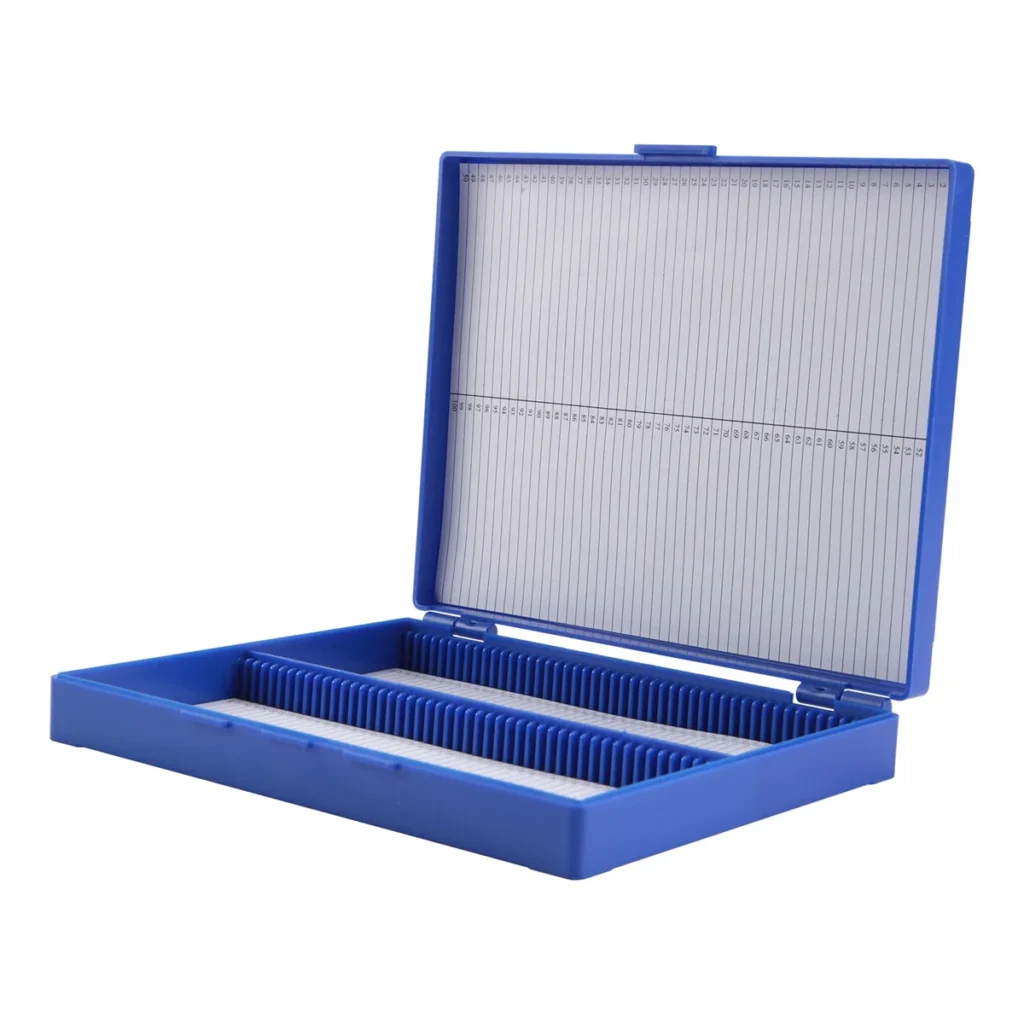Caja de microscopio de diapositivas de microslide con retención rectangular de plástico azul real T71C 100