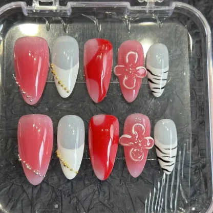10 Uds. De puntas de uñas postizas hechas a mano, Color rosa dulce, estilo Ins, diseño de flores pintado a mano, puntas de uñas postizas de almendra francesa