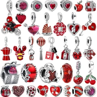 Nueva serie roja fina, caja de regalo con globo aerostático, corazón rosa, bolsa de la suerte, cuentas aptas para pulsera de plata 925 Original, joyería DIY para mujer