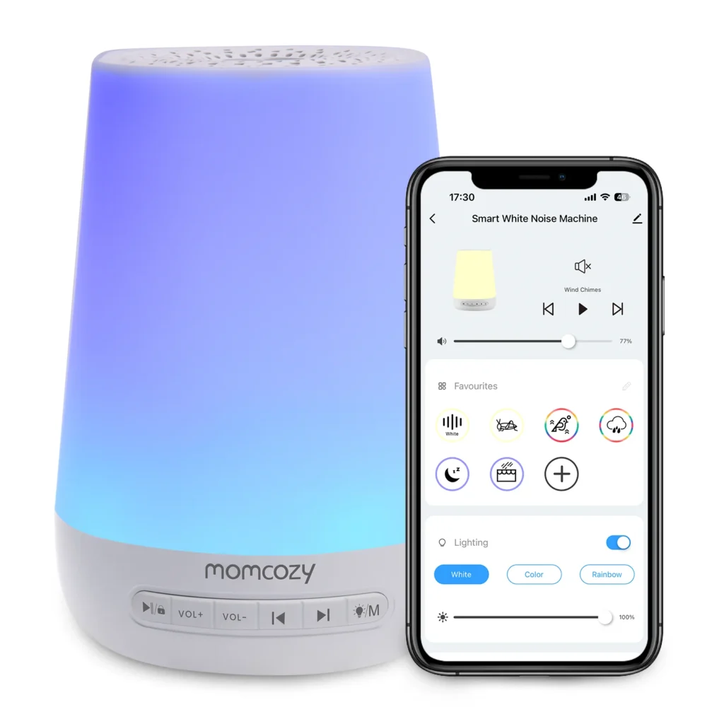 Momcozy Baby Máquina de sonido de ruido blanco para dormir de bebé, luz nocturna, 34 sonidos relajantes, temporizador, control remoto por aplicación, despertador