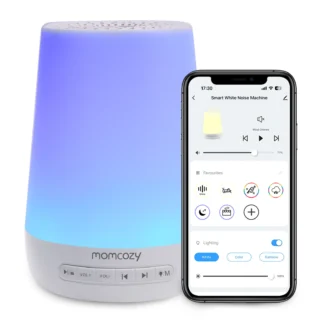 Momcozy Baby Máquina de sonido de ruido blanco para dormir de bebé, luz nocturna, 34 sonidos relajantes, temporizador, control remoto por aplicación, despertador