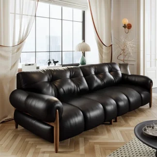 Sofá de madera maciza de cuero negro, hogar medieval, sofá de villa de gran tamaño para tres personas de fila recta