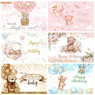 Pink Blue Teddy Bear Baby Shower Backdrop Newborn Boy Welcome Party Decor Background Boho Flower We Can Bearly Wait Backdrop