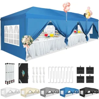Tienda de campaña con dosel de 10x30 para fiestas con 8 paredes, tienda emergente de 10x30 para fiestas, impermeable con paredes laterales y sacos de arena, azul, dosel de 10x30 pies