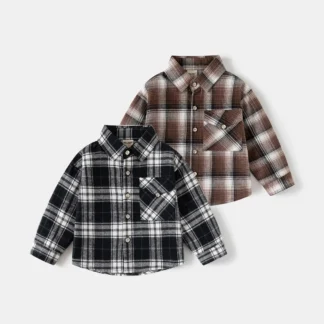 Camisa infantil de nuevo estilo HoneyCherry para primavera. Camisa de manga larga a cuadros cepillados para niño Camisa para bebé