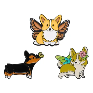 Hada Corgi con mariposa con alfileres esmaltados de cola, broches personalizados para perros, insignias de solapa, joyería de animales, regalo para amigos
