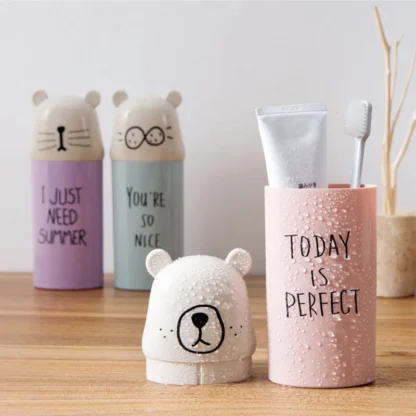 Taza de lavado portátil de viaje con dibujos de oso, organizador de cepillos de dientes para parejas, taza para la boca, caja de almacenamiento de cepillos de dientes, organizador de baño