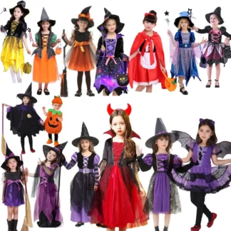 Ropa de Halloween para niños, vestido de terror, disfraz de bruja con sombrero, varita, niña, Carnaval, magia negra, villano, mago, vampiro, Cosplay