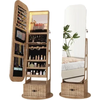 Organizador de joyas giratorio con espejo de longitud completa con luces, armarios de joyería de pie con cajón, almacenamiento de espejo grande