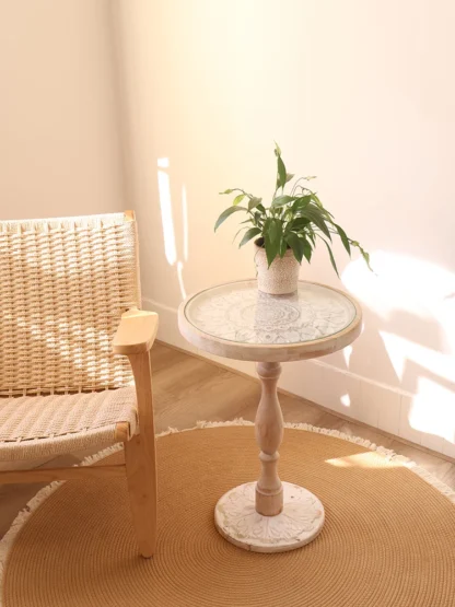 Mesa nido industrial elegante: mesa auxiliar de madera maciza y vidrio templado de mediados de siglo para sala de estar/balcón, acento retro artesanal