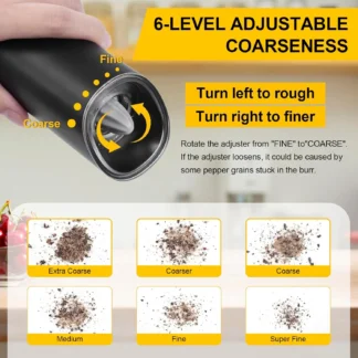 Molinillo de sal y pimienta eléctrico, aspereza ajustable, alimentado por batería, botón de un clic, molinillo de especias automático, utensilios de cocina
