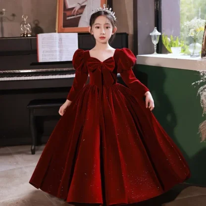 2025 vestido de graduación para niñas y niños, Vestidos de noche largos elegantes de terciopelo rojo, vestido de fiesta de noche de lujo para niños, Vestidos de fiesta para adolescentes