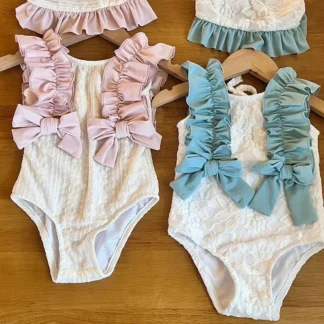 Nuevo Traje de baño de verano para niños, bonito traje de baño con lazo de encaje para niñas, traje de baño para niños 2-7T