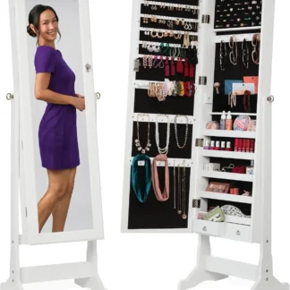 Gabinete independiente para joyería, espejo de pie de longitud completa, organizador de almacenamiento de maquillaje con cerradura