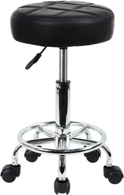 Taburete redondo con ruedas, silla de cuero PU, altura ajustable, giratorio, trabajo de dibujo, tienda de SPA, taburetes de salón con ruedas, silla de oficina pequeña