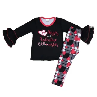 Conjuntos de ropa de bebé para niñas del Día de San Valentín negro, camiseta + pantalones, patrón de amor de dibujos animados con parte inferior acampanada de ropa para niños