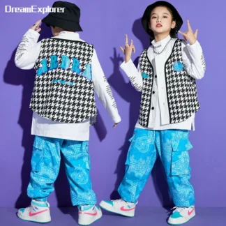 Chaleco de pata de gallo para niño y niña, sudadera con pantalones Cargo de Cachemira, conjuntos de ropa de Jazz para baile callejero, trajes de calle para niño