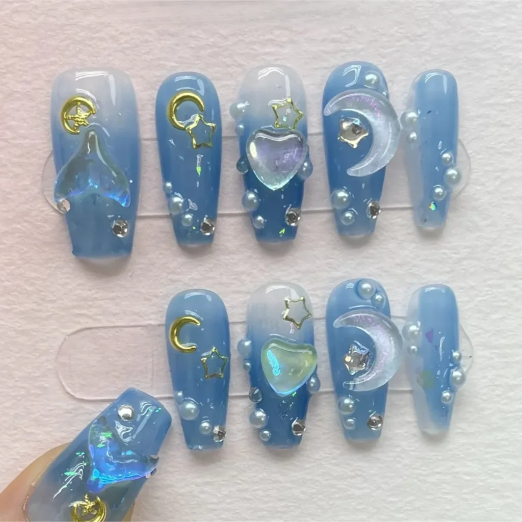 10 Uds. De uñas artificiales francesas cortas hechas a mano, ojos de gato, diamantes de imitación brillantes, cubierta completa, uñas postizas de ballet con pegamento
