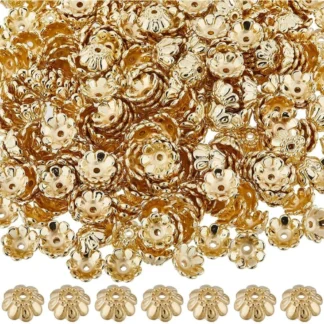 500 Uds. Cuentas de flores de 10mm a granel de plástico dorado con múltiples pétalos de flores tapas florales cuentas espaciadoras sueltas para kit de fabricación de joyas