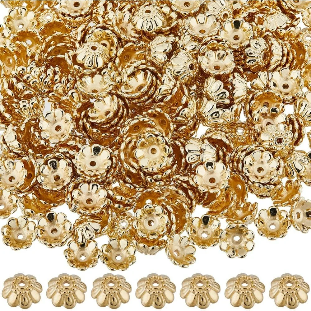 500 Uds. Cuentas de flores de 10mm a granel de plástico dorado con múltiples pétalos de flores tapas florales cuentas espaciadoras sueltas para kit de fabricación de joyas
