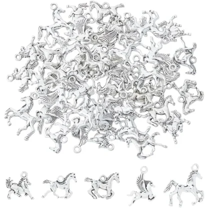 100 Uds. 5 estilos de dijes de aleación de caballo, colgante de caballo corriendo, dijes de animales de plata antigua, kit de fabricación de caballos ecuestres tibetanos