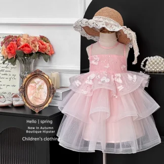 Vestido para niña 2025, novedad de verano, estilo, chaleco bordado de mariposa, falda, falda de princesa para niños