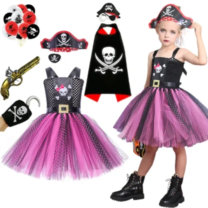 Vestido tutú esponjoso de pirata con esqueleto de Carnaval para niña disfrazada para niños de 2 a 12 años, mascarada de Halloween, vestidos de fiesta para juegos de rol