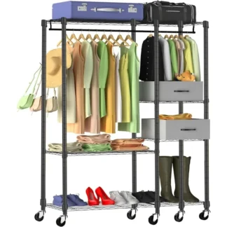 Perchero resistente con estantes, perchero con cajones, percheros con ruedas, estante de almacenamiento de ropa portátil