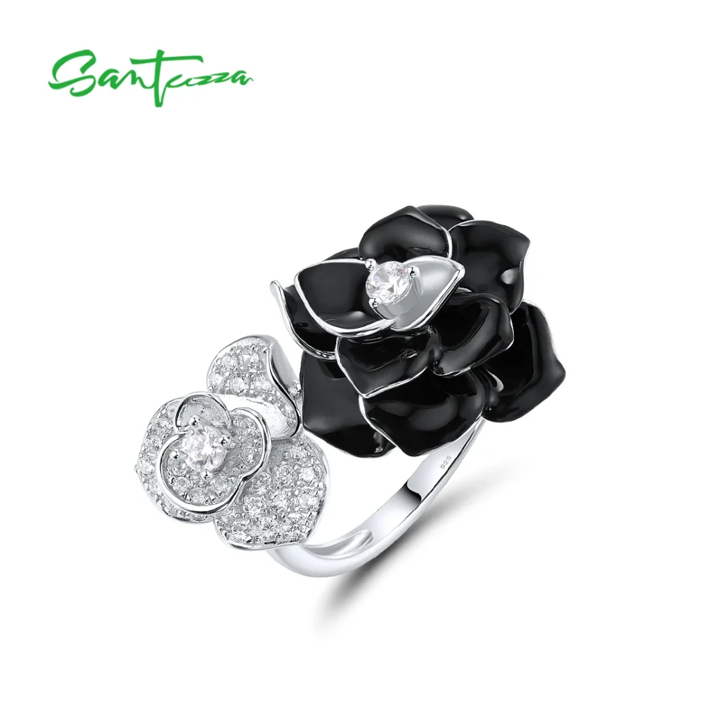 SANTUZZA, anillo abierto de Plata de Ley 925 auténtica para mujer, CZ blanco brillante, flor blanca y negra, esmalte antiguo, joyería fina elegante