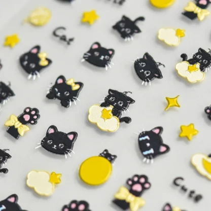5D relieve realista Luna amarilla estrellas Linda noche gato negro adhesivo pegatinas para decoración de uñas calcomanías adornos de manicura proveedores