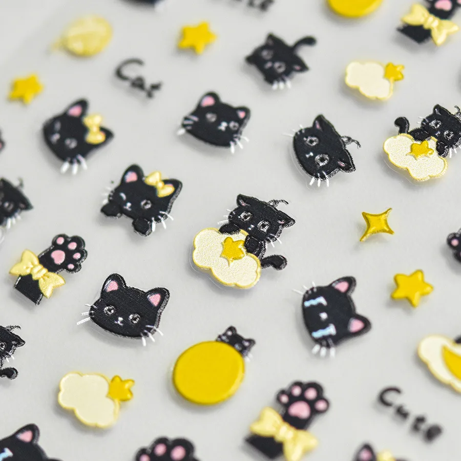 5D relieve realista Luna amarilla estrellas Linda noche gato negro adhesivo pegatinas para decoración de uñas calcomanías adornos de manicura proveedores