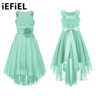 Vestido elegante de gasa para niños y niñas, vestido de fiesta con adornos de flores, sin mangas, fruncido, brillante, con cuentas, dobladillo alto-bajo