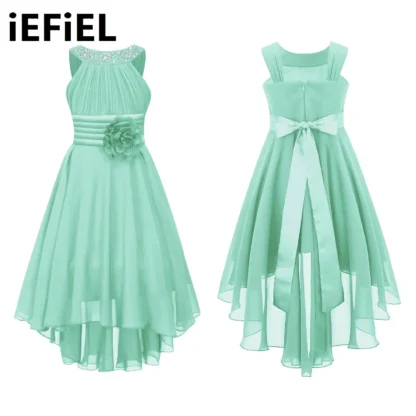 Vestido elegante de gasa para niños y niñas, vestido de fiesta con adornos de flores, sin mangas, fruncido, brillante, con cuentas, dobladillo alto-bajo