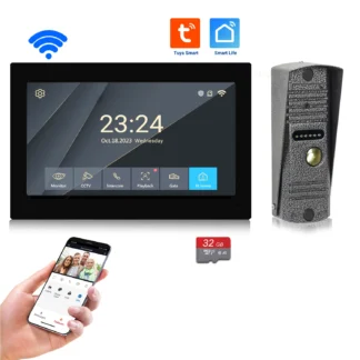 Sistema de intercomunicación de vídeo 1080P, timbre con cámara de teléfono, Monitor táctil WiFi, tarjeta de 32G, grabación automática, aplicación TUYA, intercomunicador de 2 vías, desbloqueo