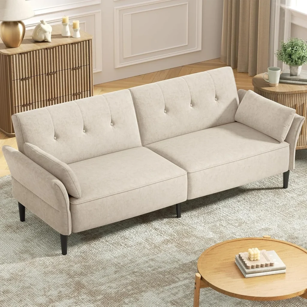Sofá cama futón de 89 pulgadas, cómodo sofá cama futón de tela de terciopelo, sofá cama convertible con respaldo y reposabrazos ajustables, color beige