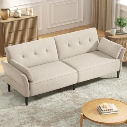 Sofá cama futón de 89 pulgadas, cómodo sofá cama futón de tela de terciopelo, sofá cama convertible con respaldo y reposabrazos ajustables, color beige