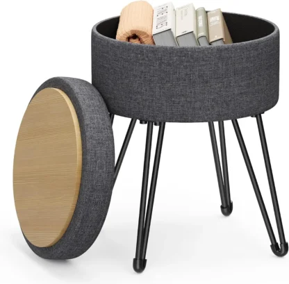 Silla taburete de tocador, taburete otomano pequeño con almacenamiento, silla de tocador, 15,4 de diámetro. x 17,4 pulgadas, 4 patas de metal, para sala de maquillaje, para