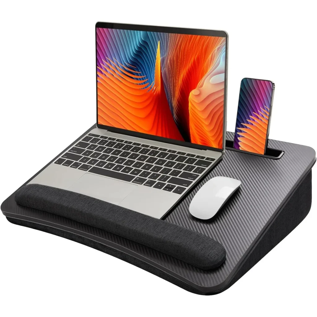 Escritorio para computadora portátil de colo: escritorio portátil con cojín, se adapta a computadora portátil de hasta 17 pulgadas, con tira antideslizante y función de almacenamiento para el hogar