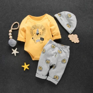 PatPat Conjunto de bebé amarillo de manga larga con estampado de león, 100% algodón, 3 piezas