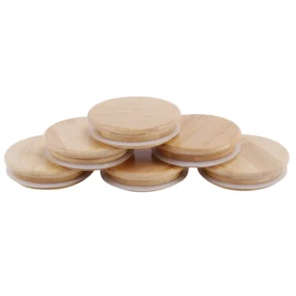 Paquete de 6 tapas de tarros de madera, tapas de conservas de bambú reutilizables compatibles con tarros de conservas de boca ancha