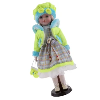 Muñeca de porcelana para niñas encantadoras, soporte de exhibición de madera, abrigo verde, 40cm