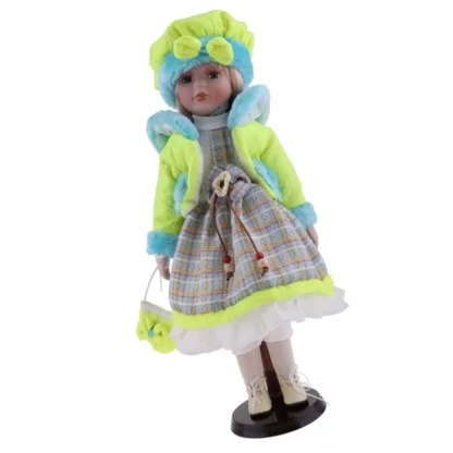 Muñeca de porcelana para niñas encantadoras, soporte de exhibición de madera, abrigo verde, 40cm