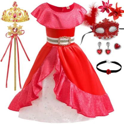 Vestido de princesa Elena de verano 2025 para niña, Cosplay, regalo de fiesta de cumpleaños para niños, vestido rojo con cinturón, conjunto de vestido de juego de rol de Anime