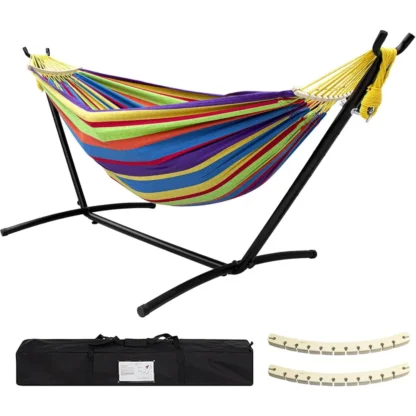 Hamaca doble con soporte incluido, soporte de acero de 450 lb de capacidad, bolsa de transporte incluida y dos viga de equilibrio antivuelco, hamaca