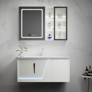 Gabinetes de baño simples y modernos, gabinete con espejo inteligente, lavabo de cerámica, gabinetes de tocador para baño debajo del fregadero, muebles de baño