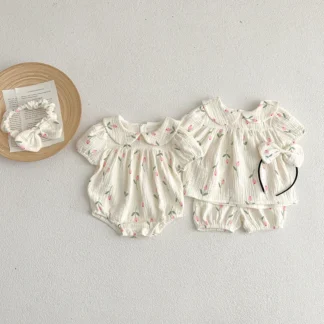 Pelele de manga corta con estampado de tulipán para niña recién nacida, conjunto de ropa de cuello de muñeca de algodón, trajes para niños pequeños, ropa para bebé 3M-2T