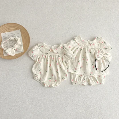 Pelele de manga corta con estampado de tulipán para niña recién nacida, conjunto de ropa de cuello de muñeca de algodón, trajes para niños pequeños, ropa para bebé 3M-2T