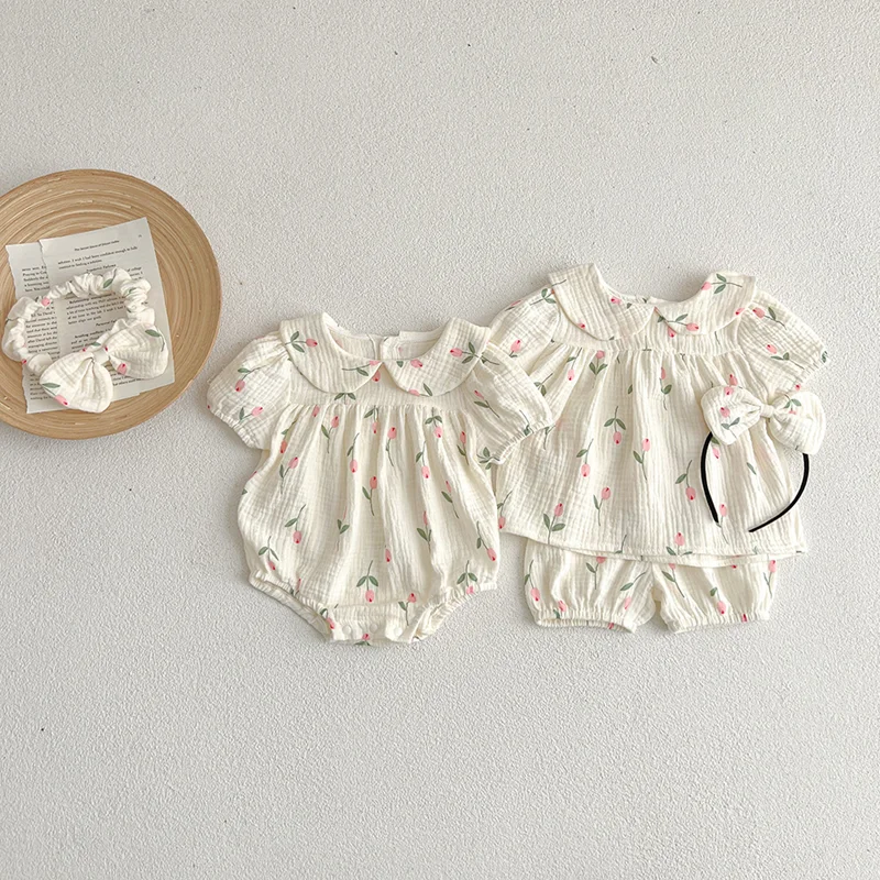 Pelele de manga corta con estampado de tulipán para niña recién nacida, conjunto de ropa de cuello de muñeca de algodón, trajes para niños pequeños, ropa para bebé 3M-2T