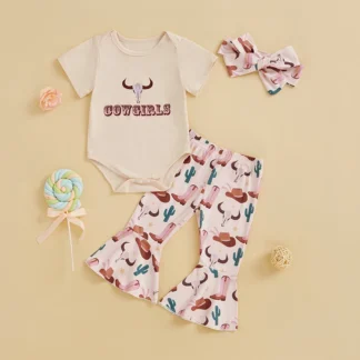 Conjunto de ropa de verano para niña de 0 a 18M, camiseta con letras y botas acampanadas con cabeza de pico, sombrero de vaquera, pantalones y diadema